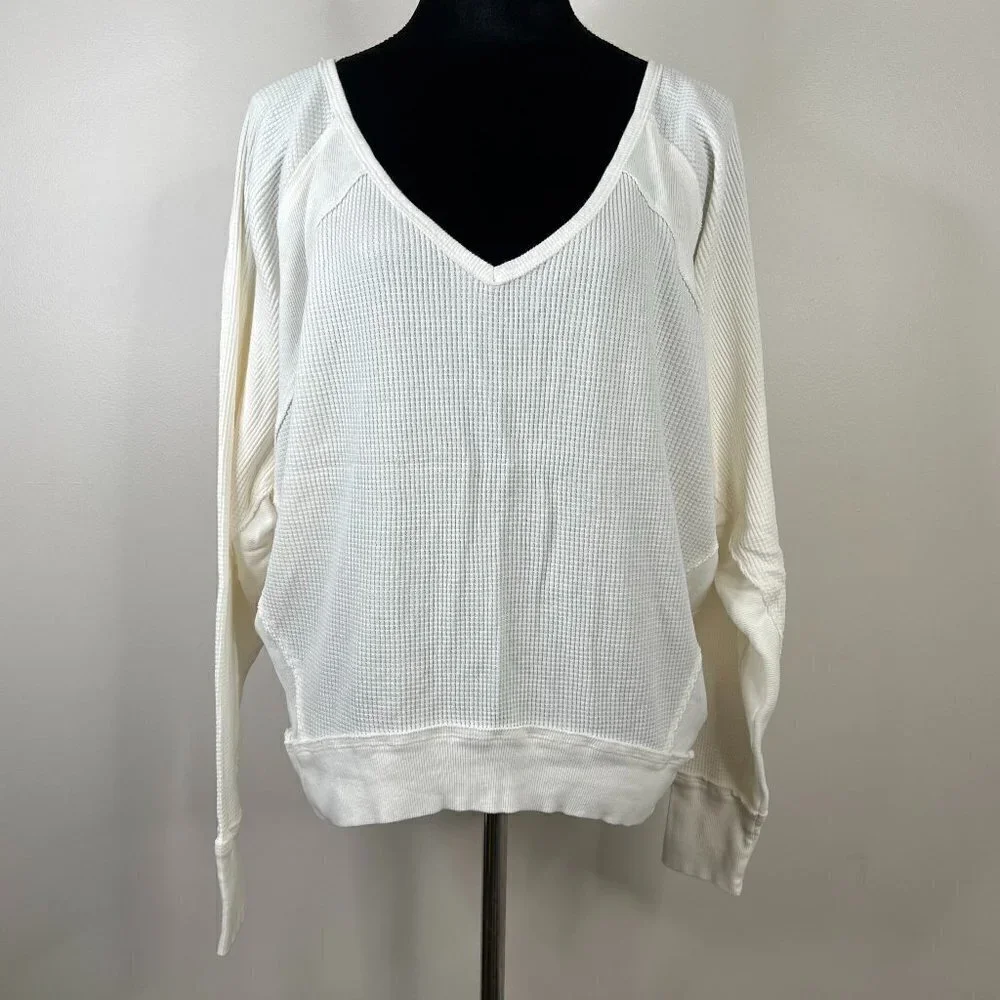 Free‎ People Santa Clara Waffle Knit Thermal Long Sleeve Top in Alabaster White
